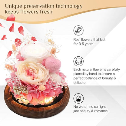 Preserved Flowers,Rose in Glass Dome with LED Light, Gifts for Her, Women, Mom,Grandma,Girlfriend, Wife- Style2