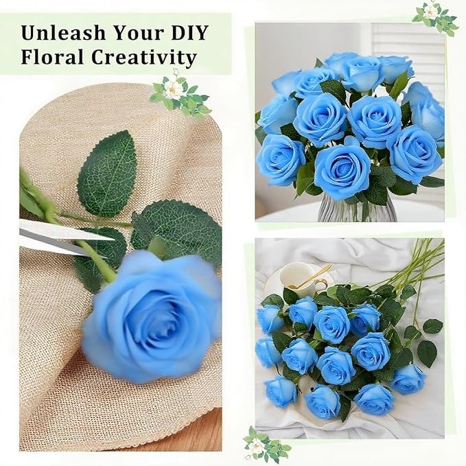Blue Roses Artificial Flowers 15 PCS, Fake Roses Silk Flowers with Long Stems, Faux Rose for Wedding Centerpieces, Home Decor, Indoor Floral Arrangements, Party Decor, DIY Bouquet (Sky Blue)