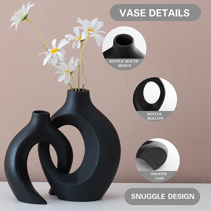 Black Vases Home Decor Set of 2, Ceramic Black Small Flower Vase, Minimalist Boho Decorative Modern Donut Vase for Farmhouse Living Dining Room Office Entryway Bookshelf Coffee Table Décor