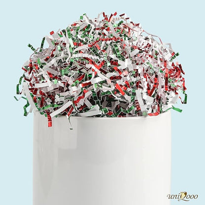 UNIQOOO 1/2 LB Metallic Red Green White Crinkle Cut Paper Shredded Filler, Christmas Peppermint Candy Cane Raffia Tissue Zig, Strands Shred Craft Bedding Cushion,Wedding Birthday Gift Boxes Bag Retail