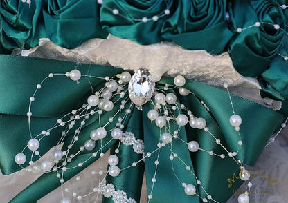 Bridal Wedding Bouquet Round Bling Brooch Bouquet Throw Toss Artificial Rose Flower Bunch for Bride Bridesmaid Wedding Quinceanera(Dark Green, 6.3")