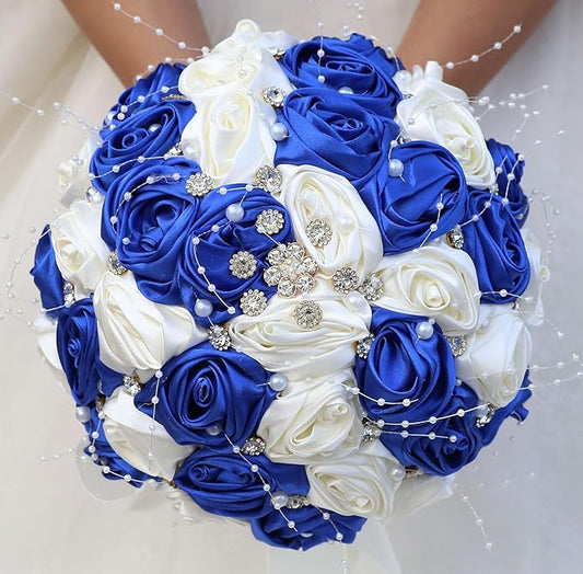 Bridal Wedding Bouquet Round Bling Brooch Bouquet Throw Toss Artificial Rose Flower Bunch for Bride Bridesmaid Wedding Quinceanera(Royal Blue & Ivory, 9.8")