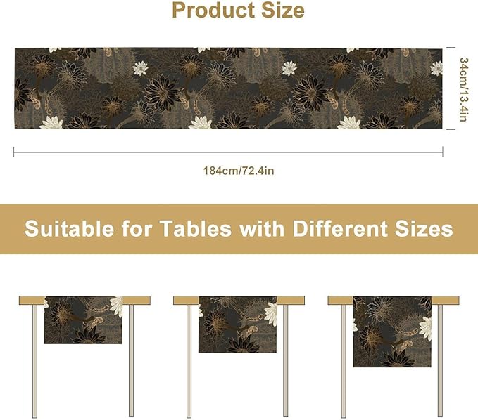 Vintage Floral Table Runner,Black Gold Floral Art Print Table Runner for Home Kitchen Table Dining Indoor Outdoor Party Decor 13x60 Inch