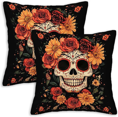 Sugar Skull Throw Pillow Covers 18x18 Set of 2, Mexican Day of The Dead Pillowcase for Sofa and Couch, Chirstmas Decorative Square Cushion Cases for Living and Bed Room