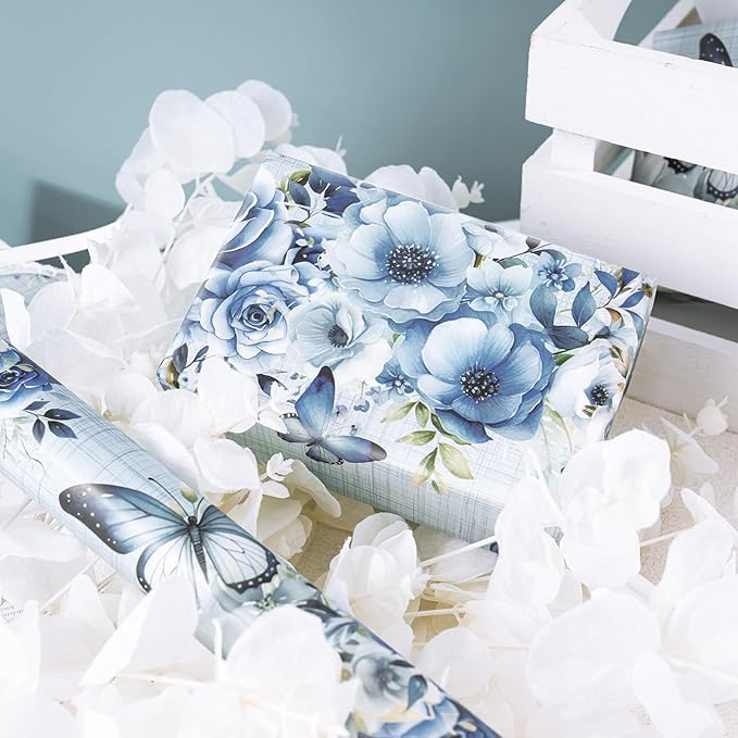WRAPAHOLIC Dusty Blue Floral Wrapping Paper Roll - Mini Roll - 17 Inch x 33 Feet - Butterfly Flower Design, Perfect for Birthday, Wedding, Bridal Shower