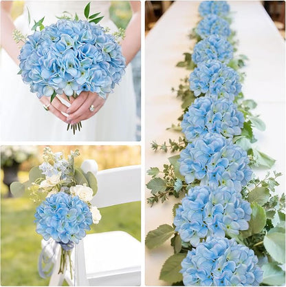Hollyone 6 Pcs Blue Hydrangea Artificial Flowers Heads with Stems Silk Faux Hydrangea Blue Fake Flowers for Home Indoor Outdoor DIY Floral Wedding Flower Bouquets Kitchen Table Centerpiece Decor
