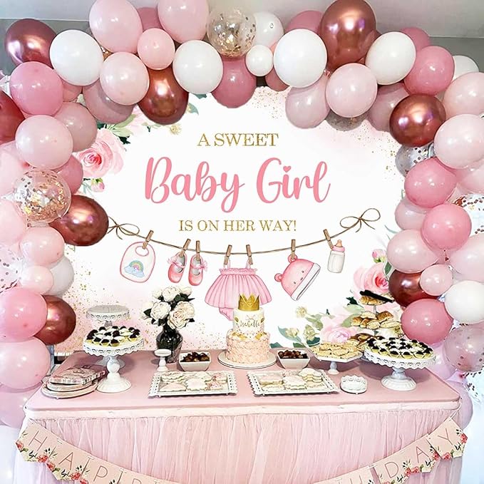 Sensfun Cute Clothes Baby Shower Backdrop A Sweet Baby Girl is On Her Way Banner Watercolor Pink Floral Sweet Little Girl Baby Shower Party Decorations Banner Supplies Photo Booth Props 5x3ft