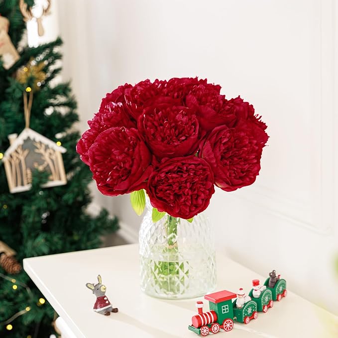 U'Artlines 20 Heads Artificial Peony Silk Flower Leaf for Christmas Holiday New Year Home Office Wedding Party Festival Bar Decor (Red)