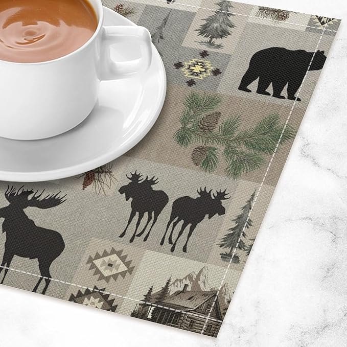 Retro Rustic Lodge Bears Deer Placemats Set of 4, Vintage Cabin Pine Tree Farmhouse Country Style Place Mats, Heat Resistant Non Slip Cotton Linen Dining Table Mats for Home Kitchen 18x12 Inch