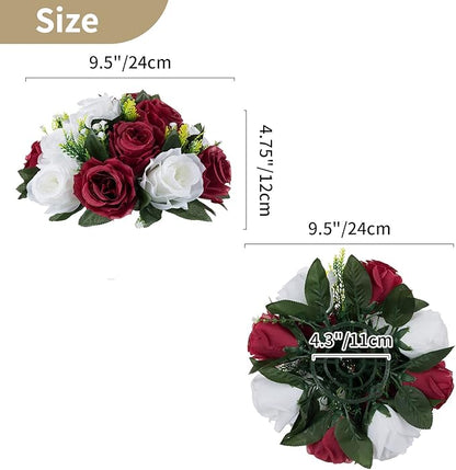NUPTIO Flower Wedding Centrepieces for Tables - 10 Pcs 9.5in Diameter Burgundy & White Artificial Flowers Rose Ball for Centerpieces Table - Fake Rose Arrangements for Weddings Birthday Party Decor