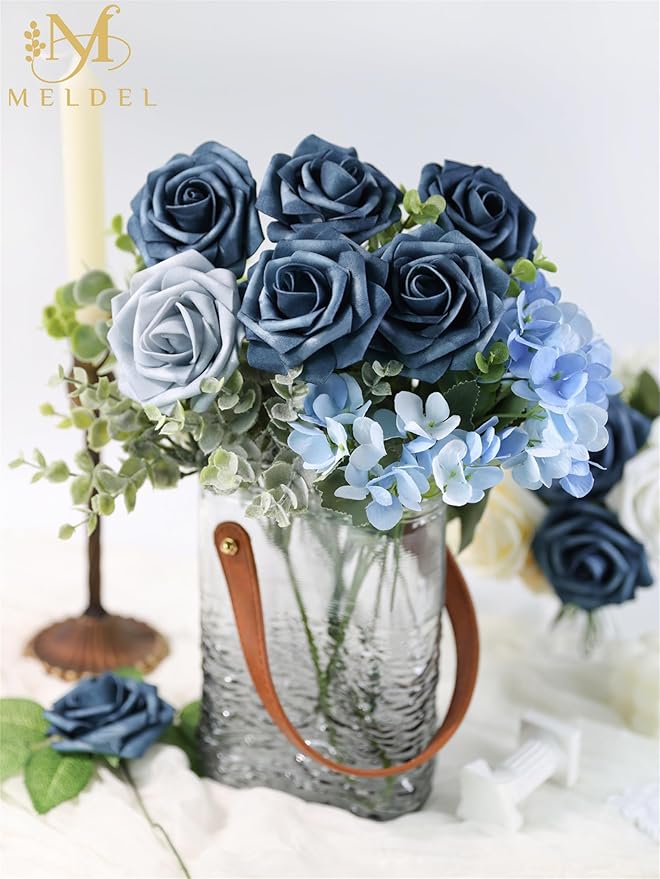 Meldel Artificial Flowers 50pcs Real Looking Dutch Blue Dusty Blue Foam Fake Roses with Stems for DIY Wedding Bouquets Bridal Shower Centerpieces Floral Arrangements Home Decorations Crafts Gifts