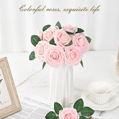 BLEUM CADE 16Pcs Artificial Flowers Fake Roses with Stems, Pink Boxed Foam Roses for DIY Bouquets Centerpieces Wedding Party Arrangement Bridal Shower Decor