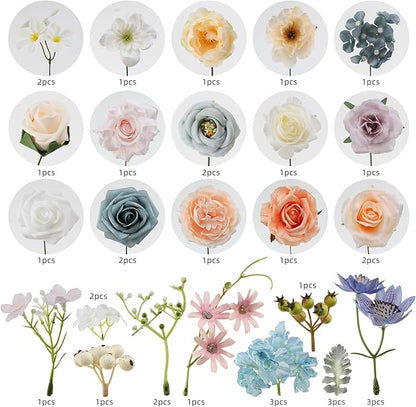 Floweroyal Artificial Flowers Combo Fairy Blue Flowers Mix Silk Flowers Fake Roses with Stems for DIY Wedding Bridal Bouquets, Baby Shower, Floral Arrangement, Table Centerpieces, Home Decorations.