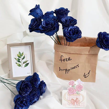 Glitter Roses Bouquet, Shiny Artificial Roses Flowers with Stems DIY Fake Glitter Flowers Bouquet for Valentine's Day, Mother's Day, Anniversary, Graduation, Birthday, Wedding, 36 Roses (Blue)