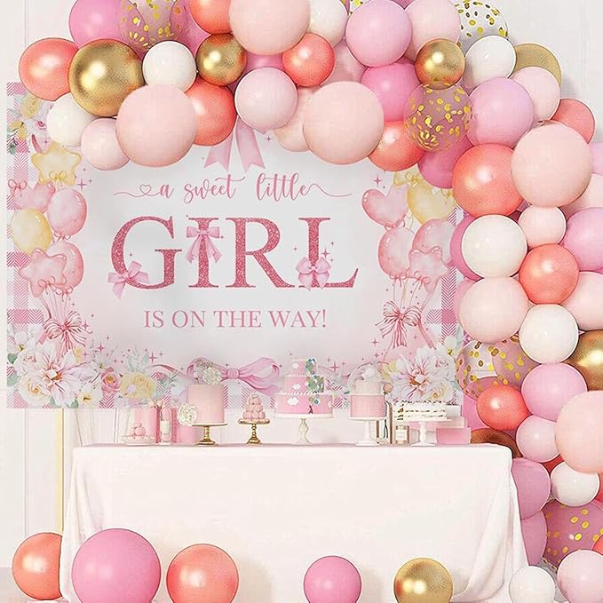 Mocsicka Bow Baby Shower Backdrop Pink Floral Baby Girl Shower Photo Background Banner Sweet Little Girl on The Way Decorations for Baby Shower Party Supplies Photo Props (8x6ft (96x72 inch))