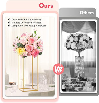 4Pcs Gold Wedding Flower Stands, 4 Different Sizes Metal Column Flower Holders Gold Flower Centerpieces Stands Wedding Metal Centerpieces Rectangular Vase for Wedding Decorations Party Event (4Pcs)