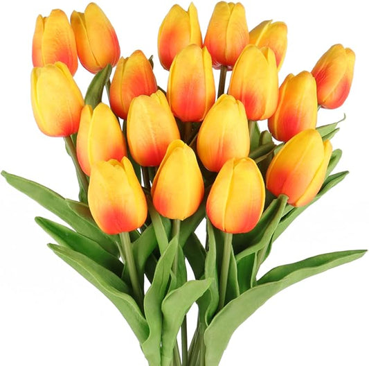 Tulips Artificial Flowers 20 Pcs Orange Fake Tulip Stems Real Touch PU Tulips for Easter Spring Wedding Bouquet Home Centerpiece Floral Arrangement Table Décor