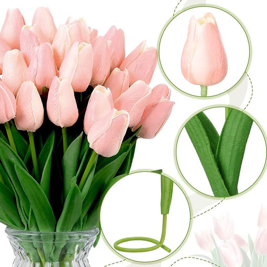 Janinka 100pcs Artificial Tulip Flowers Fake PU Tulips Faux Latex Bouquet Flower Centerpieces Arrangement Floral for Mother Day Wedding Spring Decorations (Light Pink)