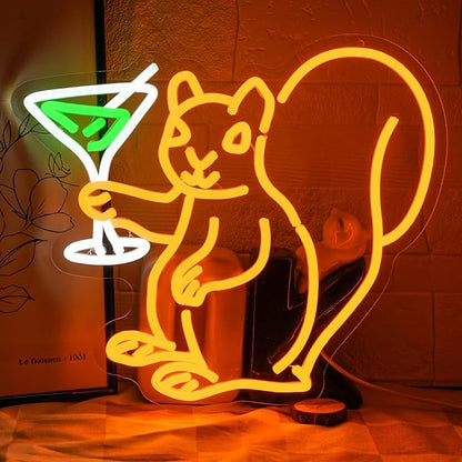 Squirrel Drinking Martini Neon Sign for Wall Decor Cocktail Martini Neon Light Squirrel LED Light Animal Neon Lights for Room Wall Decor Bar Club Neon Light Game Room