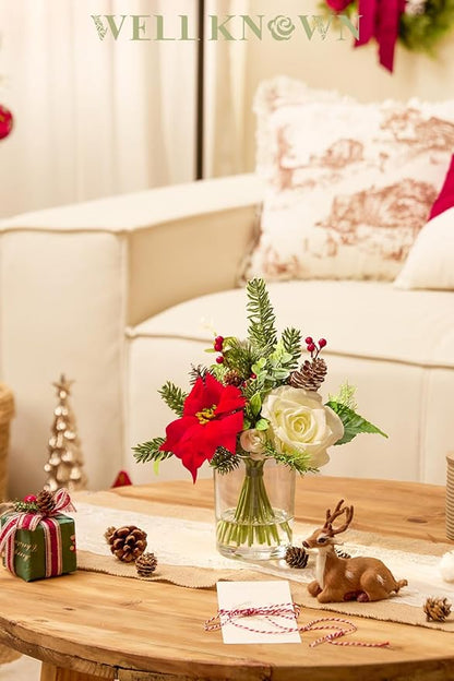 Artificial Flowers in Vase, Christmas Flower Bouquet Coffee Table Centerpieces with Faux Water for Winter Home, Fake Silk Poinsettia & Pinecorn Arrangement for Xmas Party Decor Gift (Red & Green)