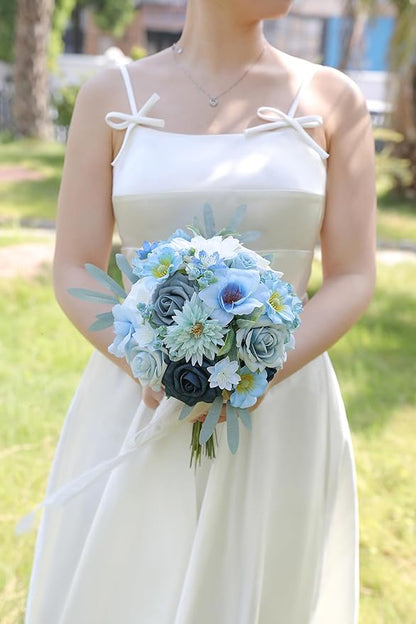 Artificial Flowers Blue Box Set for DIY Bridal Bouquets Wedding Shower Decorations Fake Floral Arrangements for Party Table Centerpieces Home Decor Indoor Outdoor