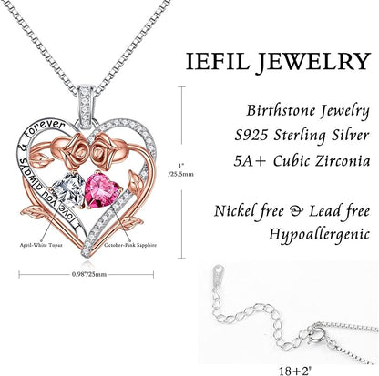 Iefil Rose Heart Double Birthstone Necklace Gifts for Wife Her Mom Women, Birthstone Jewelry Gemstone Birthday Gifts for Girlfriend Grandma Her Wife Women