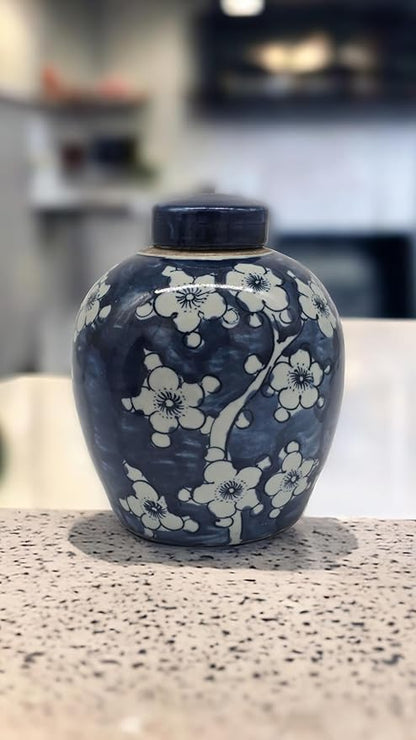Retro Antique Like Style Blue and White Porcelain Blue Cherry Blossom Plum Flower Ceramic Covered Jar Vase, China Ming Style, Jingdezhen (LJ4)