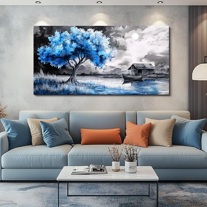 PHAOHUAXM Large Wall Art For Living Room Blue Wall Decor For Bedroom Black White And Blue Trees Wall Pictures Restaurant Office Frame Printing Canvas Large Artwork Modern Home Decoration 30x60 in