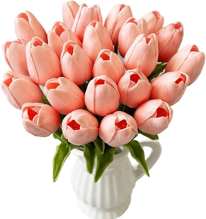 UKELER 24 Pcs Artificial Tulip Flowers Dark Pink Real Touch PU Tulip Flowers for Floral Arrangement Centerpiece Wedding Bouquet Table Decoration Birthday Mother Gift