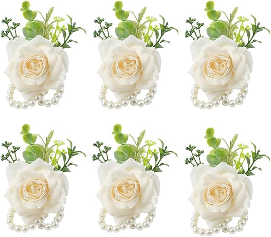 Meldel Wrist Corsage for Wedding(Set of 6),Artificial Champagne Rose Eucalyptus Pearls Wristband Corsages for Bride Bridesmaids Wedding, Women Mother Wrist Flower for Prom Party Anniversary Decor