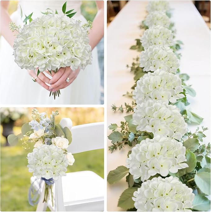 Hollyone 6 Pcs White Hydrangea Artificial Flowers with Stems Silk Faux Hydrangea White Fake Flowers for Home Indoor Outdoor DIY Floral Wedding Flower Bouquets Kitchen Table Centerpiece Decor