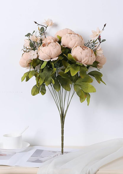 Duovlo Artificial Peony Silk Flowers Fake Flowers Vintage Wedding Home Decoration,Pack of 1 (Light Champagne)