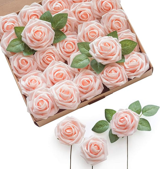 Ling's moment Artificial Flowers 50Pcs Pink Roses Decor w/Stems,3" Real Touch DIY Foam Floral for Wedding Bouquet/Centerpieces, Outdoors Party Backdrop, Room/Table, and Garden/Pot Decorations