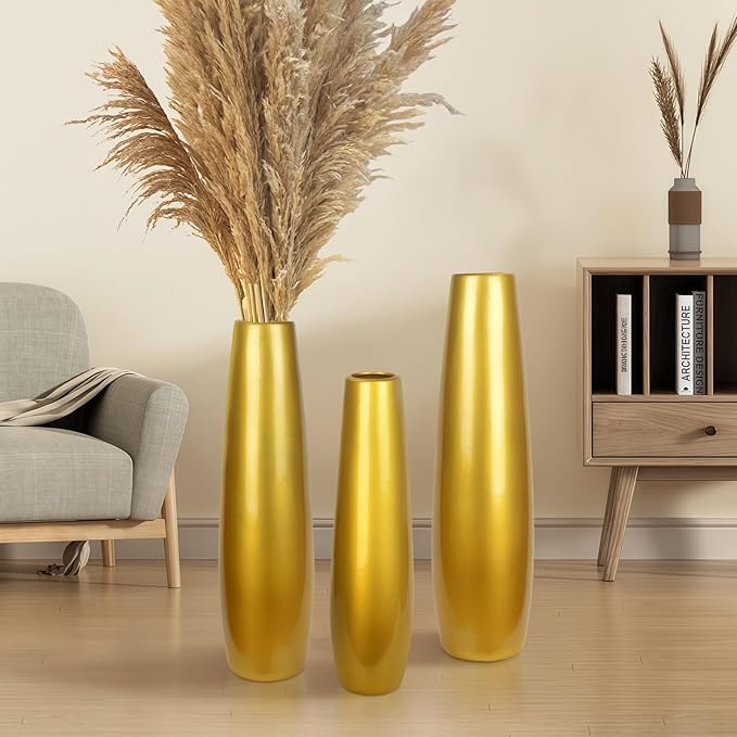 Gold Ceramic Tall Floor Vase,28 Inch Large Modern Flower Vases for Home Décor,Wicker Big Floor Vases Decorations for Farmhouse, Living Room,Bedroom,Standing Plastic Vase Decorative Tall
