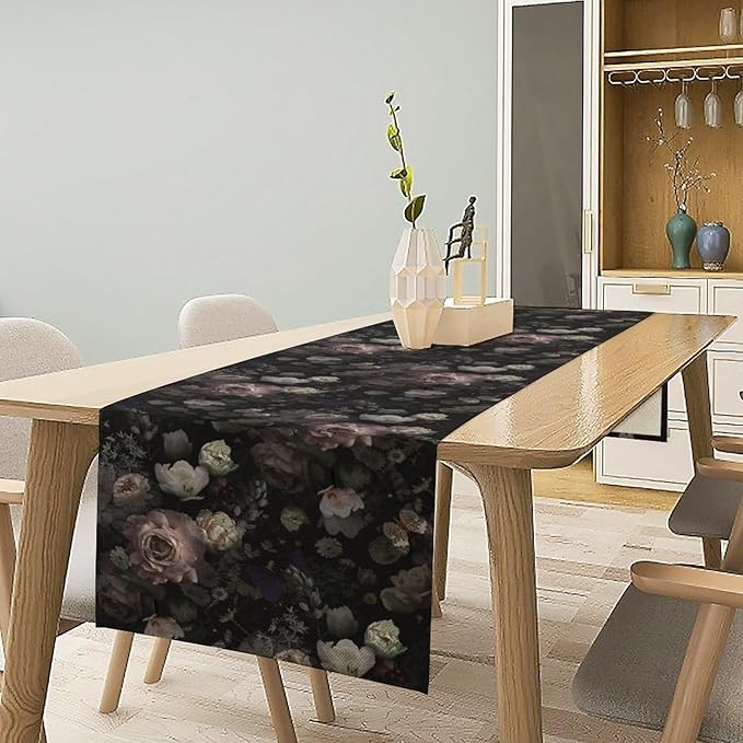 Gothic Floral Table Runner, Vintage Garden Flower Black Witchy Farmhouse Coffee Table Center Decor for Home Kitchen Dining Patio Holiday Party Table Decorations 13x36 inches
