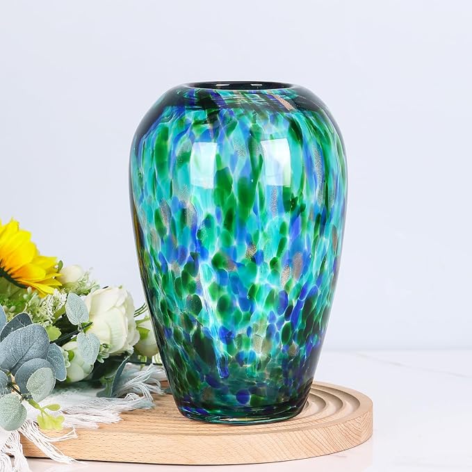 9" Tall Teal Vase Hand Blown Glass Vase Green, Modern Teal Home Centerpieces Wide Mouth Vases for Bud&Flower Decor - Ideal Living Room, Kitchen, Wedding, Dining Table, Office Center Table