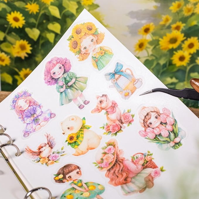 TIAMECH Cute Stories PET Stickers - 60 Pcs Daisy Rose Flower & Hairy Girl Design, Waterproof Sticker for Journaling & Scrapbooking, Junk Journal Supplies, Ephemera & DIY Crafts