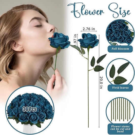 30pcs Fake Roses Artificial Silk Flowers Long Stems Bouquet for Wedding Bridal Shower Party Home Decoration (Teal)