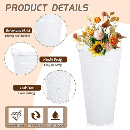 Flower Bucket for Flower Bar, 6 Pcs 10.2 Inch Metal Vases with Handles, Leak-Proof White French Buckets for Valentine's Day, edding Centerpieces, Baby Shower, Mother's Day, Farmhouse Rustic Home Decor