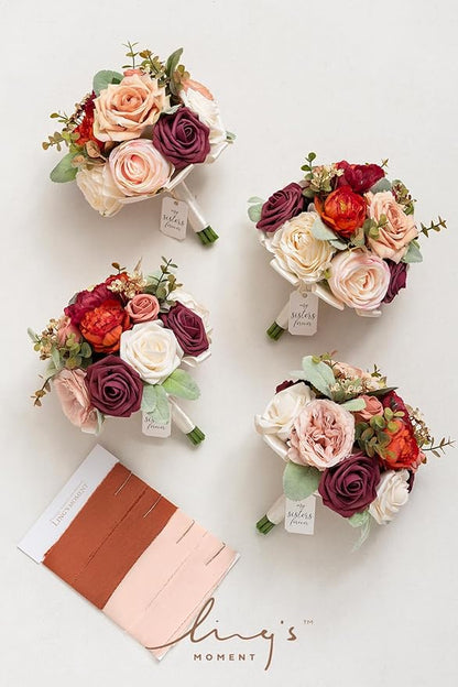 Ling's moment Artificial Flowers Burnt Orange Bridesmaid Bouquet Set of 4, Wedding Flowers Bouquets for Bridesmaids, 7 Inch Bridal Bouquets for Bridesmaids, Wedding, etc