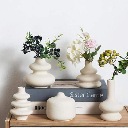 Small White Ceramic Vases Set of 5, Mini Decorative Boho Vases for Flower, Wedding & Home Decor