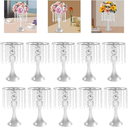 Flower Stand Vase, 10 Pcs Glam Crystal Wedding Reception Decorations with Sparkling Beads Table Center Display Flower Arrangement Flower Stand Metal Vase for Event Party Decor (Silver, H:13.78in)