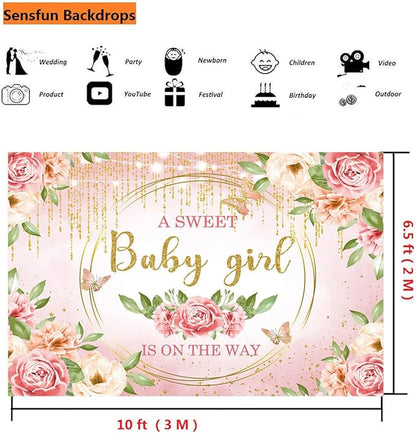 Sensfun Pink Floral Baby Girl Decorations - Glitter Gold Blush Flower Banner for Sweet Girls Baby Shower Party Supplies - 10x6.5ft