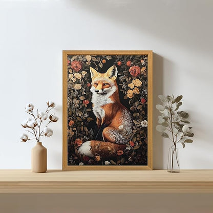 LLEEMPI William Morris Wall Art, Vintage Botanical Floral Wall Decor, Fox Flower Canvas Painting, Abstract Nature Botanical Aesthetic Picture for Living Room Bedroom Hallway Wood Framed 12x16 inch
