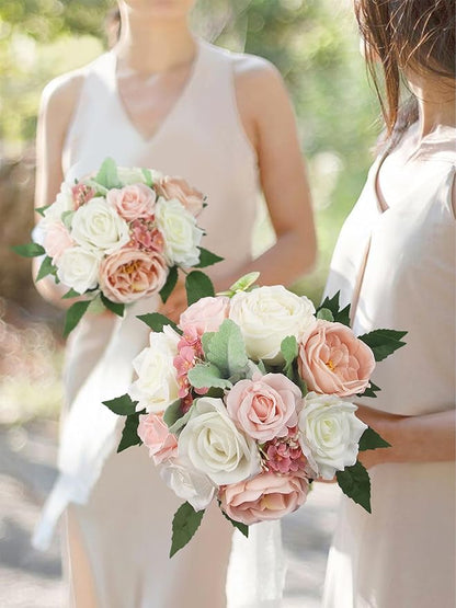 Rinlong Pink White Bridesmaids Bouquet Artificial Wedding Bouquets for Bridesmaid Silk Bouquet for Wedding Prom Homecoming