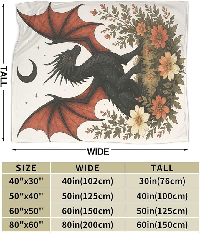 Black Dragon Blanket Floral Dragon Throw Blanket Soft Cozy Fleece Fuzzy Stuffed Plush Flannel Gifts for Girls Women Boys Kids Adults 40''x50''