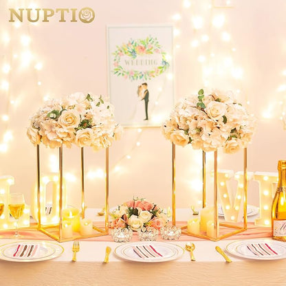 NUPTIO Gold Vases for Centerpieces Wedding - 2 Pcs 15.7 inch Tall Gold Vase Wedding Centerpieces for Tables - Geometric Gold Centerpieces for Table Flower Stand for Table Centerpieces for Weddings