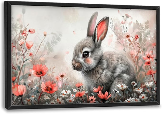 Framed Large Pictures Wall Art for Living Room, Rabbit Bunny Oversized Wall Decor Animal Floral Canvas Print Painting Modern Extra Large Framed Artwork for Bedroom Office 36"x24"