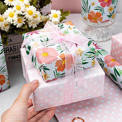 MAYPLUSS Flower Wrapping Paper Roll, Gold Design Floral Gift Wrap For Mothers Day, Wedding, Bridal Shower, Birthday, 17 Inch x 33 Feet