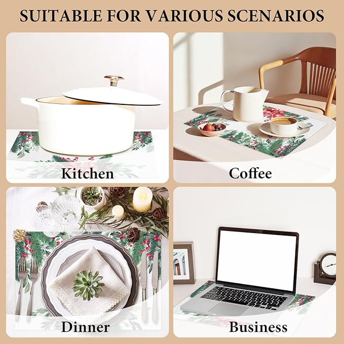 Red Berries Bow Christmas Placemats Set of 4, Dining Mat Cotton Linen Waterproof Table Mats Decor Fabric for Christmas Holiday Kitchen Dinner Table, Washable Wipeable Placemat -N038